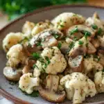 Close-up of a garlic mushroom cauliflower skillet with herbs, perfect for weight watchers.
