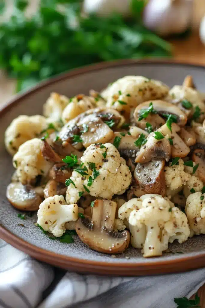 Close-up of a garlic mushroom cauliflower skillet with herbs, perfect for weight watchers.