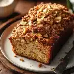 Close-up of zucchini bread with apple slices on a wooden board