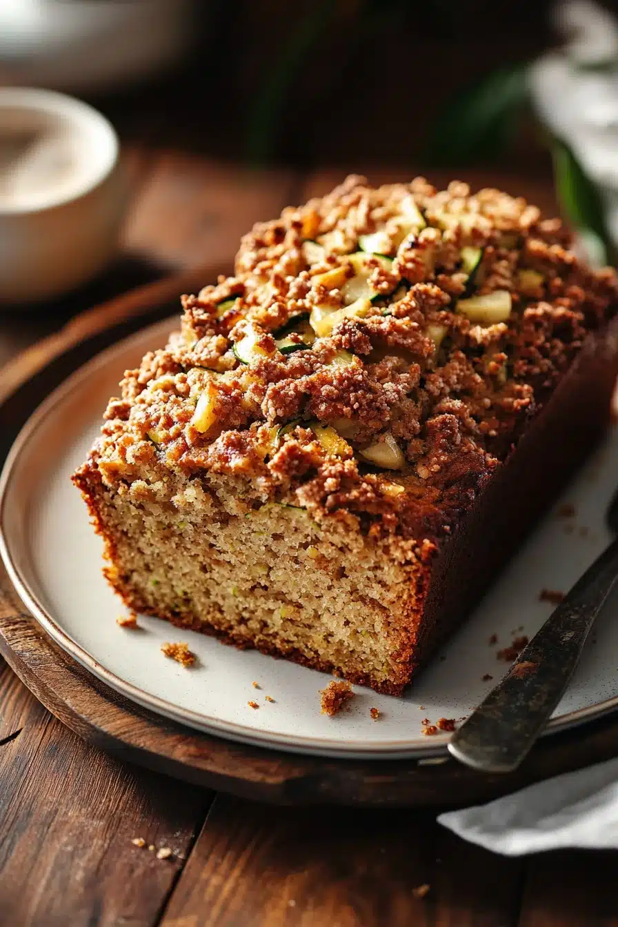 Close-up of zucchini bread with apple slices on a wooden board