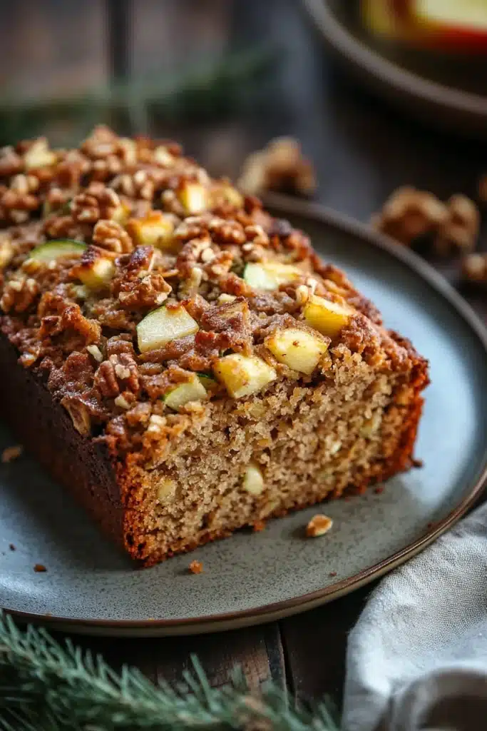 Close-up of freshly baked zucchini bread with apple slices on a wooden board