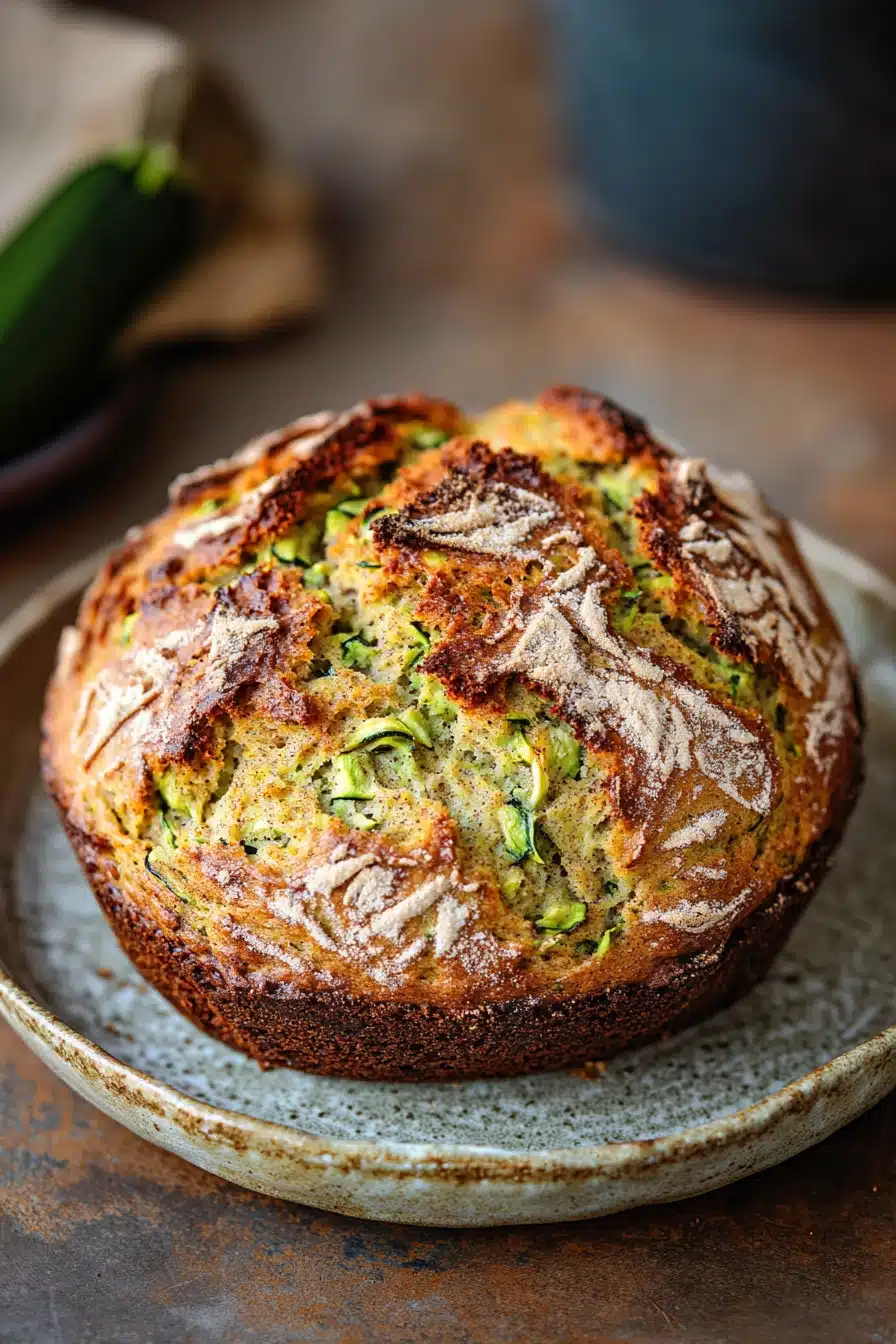 Close-up of freshly baked zucchini bread sourdough with a golden crust