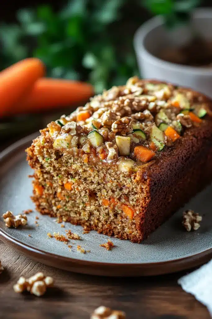 Close-up of zucchini carrot apple cake with a light and airy texture.