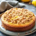 Close-up of a zucchini lemon coffee cake with a light, crumbly texture and a hint of lemon zest.