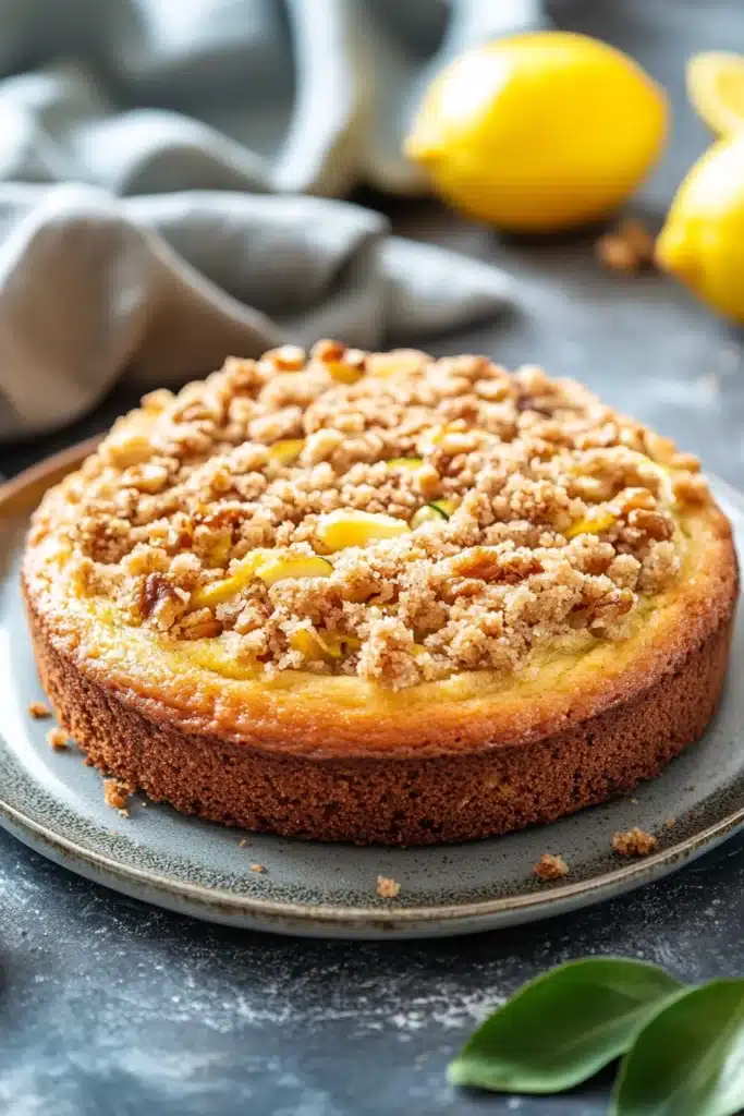 Close-up of a zucchini lemon coffee cake with a light, crumbly texture and a hint of lemon zest.