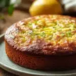 Close-up of zucchini lemon coffee cake with a light glaze on top