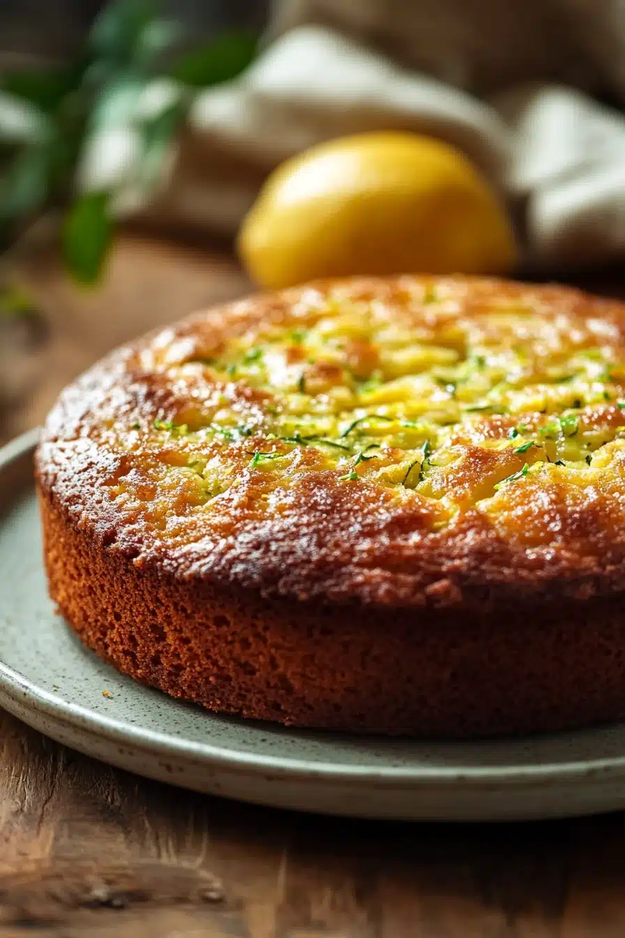 Close-up of zucchini lemon coffee cake with a light glaze on top