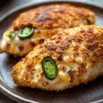 Close-up of air fryer jalapeno popper chicken breast with melted cheese and crispy edges