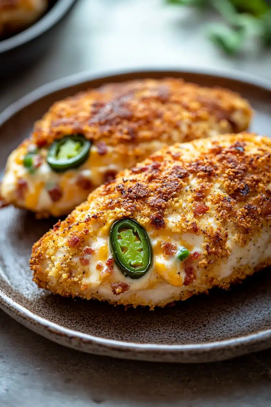 Close-up of air fryer jalapeno popper chicken breast with melted cheese and crispy edges