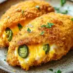 Close-up of air fryer jalapeno popper chicken breast with creamy sauce and herbs.