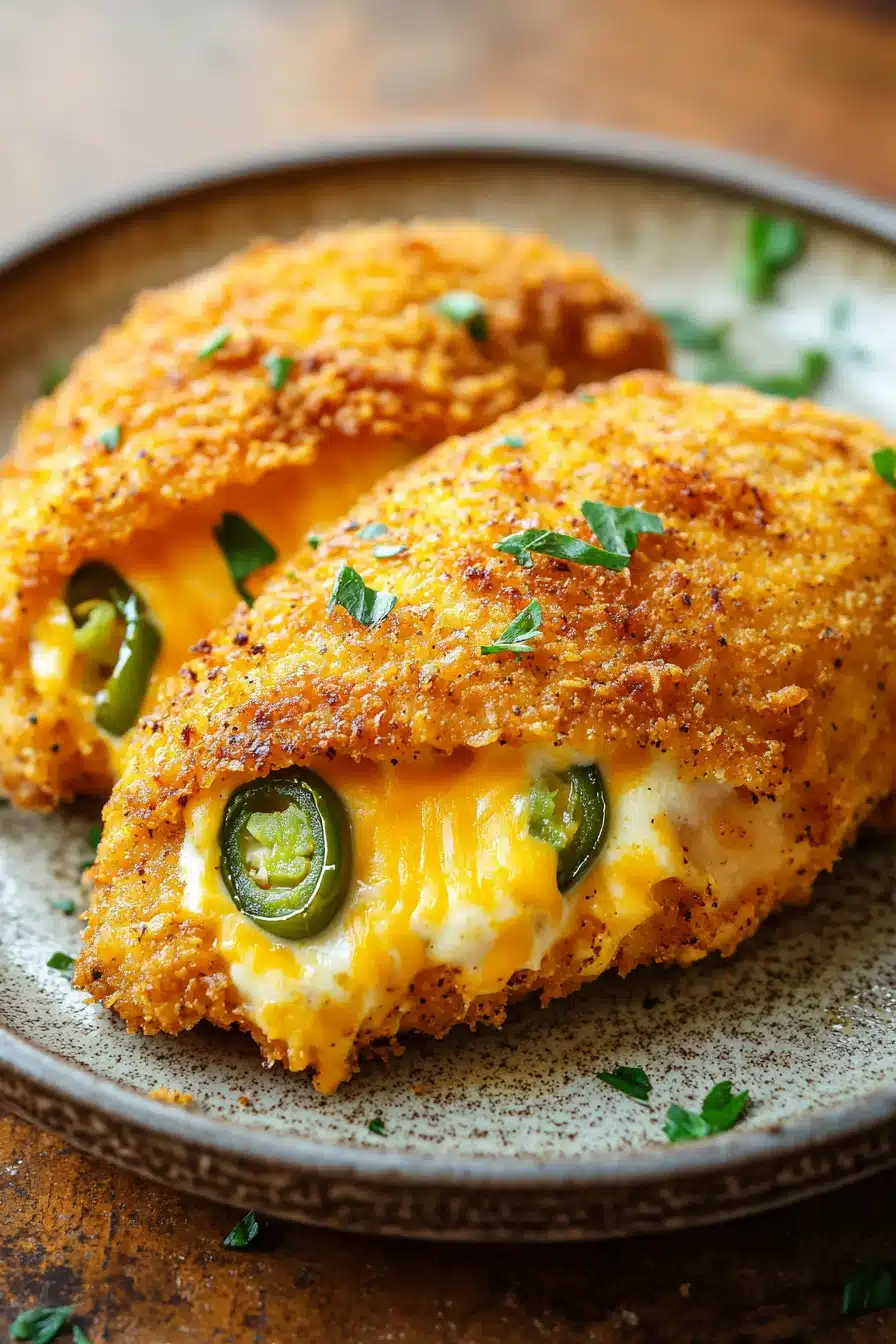 Close-up of air fryer jalapeno popper chicken breast with creamy sauce and herbs.