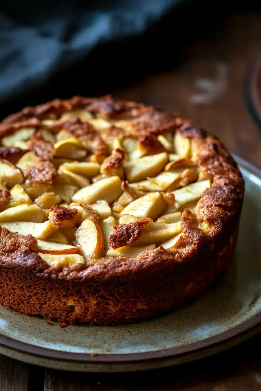 Close-up of a freshly baked apple cake with a golden crust, perfect for toddlers.