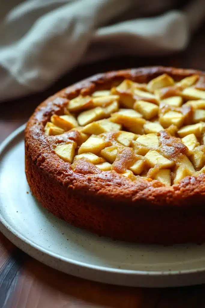 Close-up of a delicious apple cake with a golden crust, perfect for toddlers.