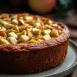 Close-up of a freshly baked apple cake with applesauce, showcasing its moist texture and golden crust.