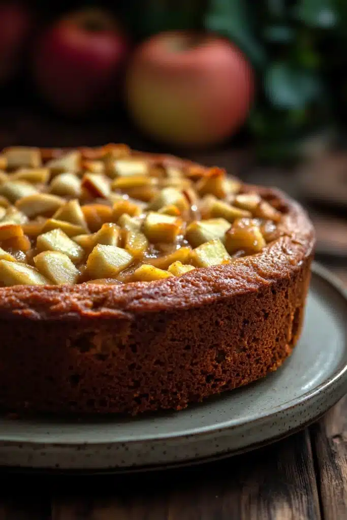 Close-up of a freshly baked apple cake with applesauce, showcasing its moist texture and golden crust.