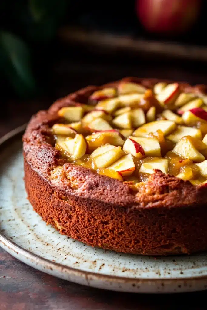 Close-up of a delicious apple cake with applesauce, showcasing its moist texture and golden crust.