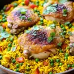 Close-up of a chicken yellow rice skillet with bright, warm lighting and a clean background.