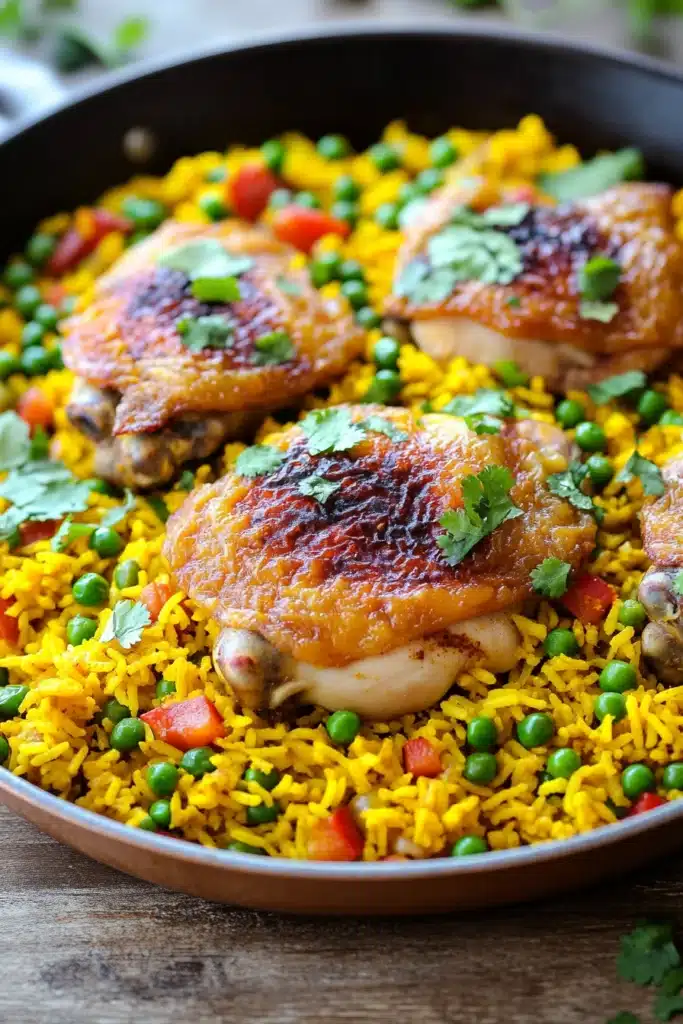 Close-up of a chicken yellow rice skillet with bright, warm lighting and a clean background.