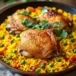 Close-up of a chicken yellow rice skillet with bright natural lighting