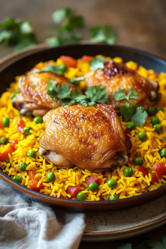 Close-up of a chicken yellow rice skillet with bright natural lighting