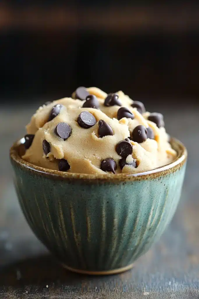 Close-up of keto edible peanut butter cookie dough in a bowl with a spoon