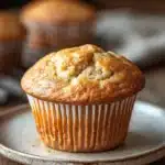 Close-up of a freshly baked muffin made with kodiak muffin mix and greek yogurt, showcasing its texture.