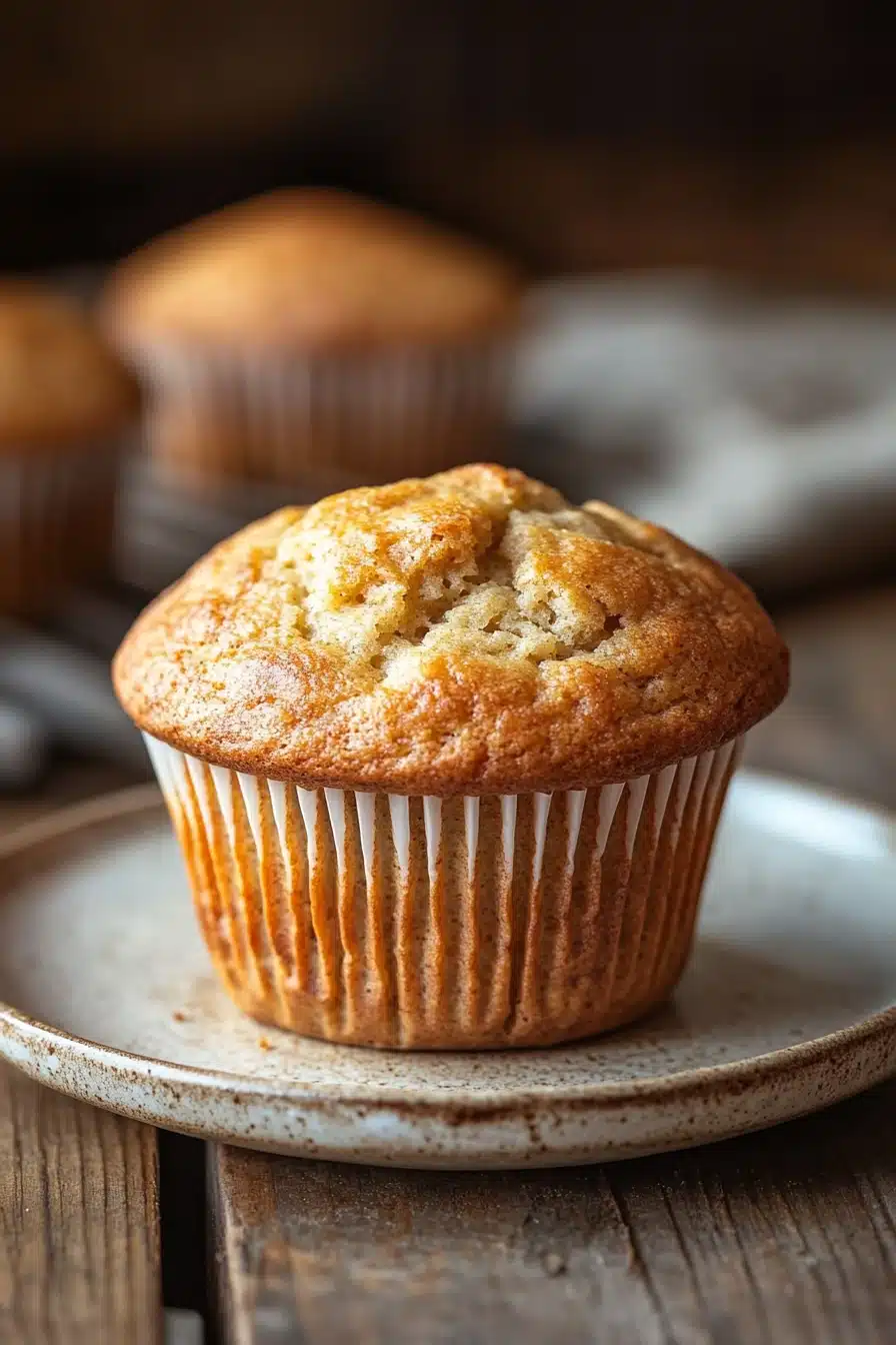 Close-up of a freshly baked muffin made with kodiak muffin mix and greek yogurt, showcasing its texture.