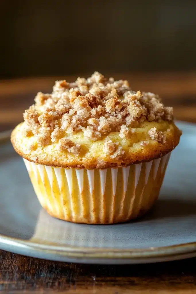 Close-up of a lemon streusel muffin with a crumbly topping and bright lighting.