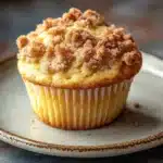 Close-up of a lemon streusel muffin with a crumbly topping on a clean background.