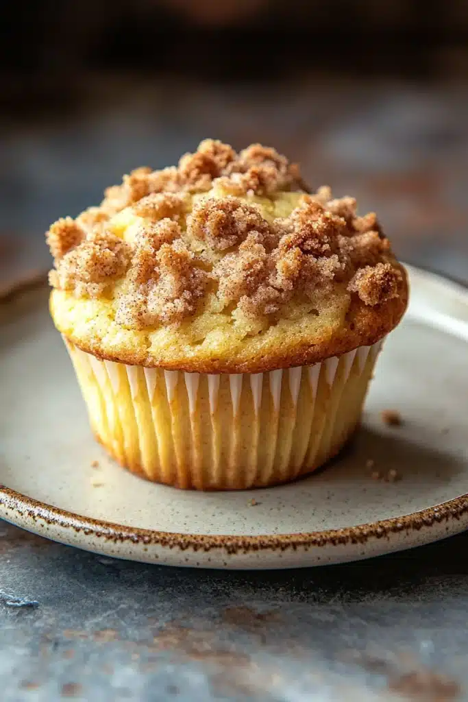 Close-up of a lemon streusel muffin with a crumbly topping on a clean background.