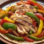 Close-up of low calorie chicken fajita with vibrant peppers and onions