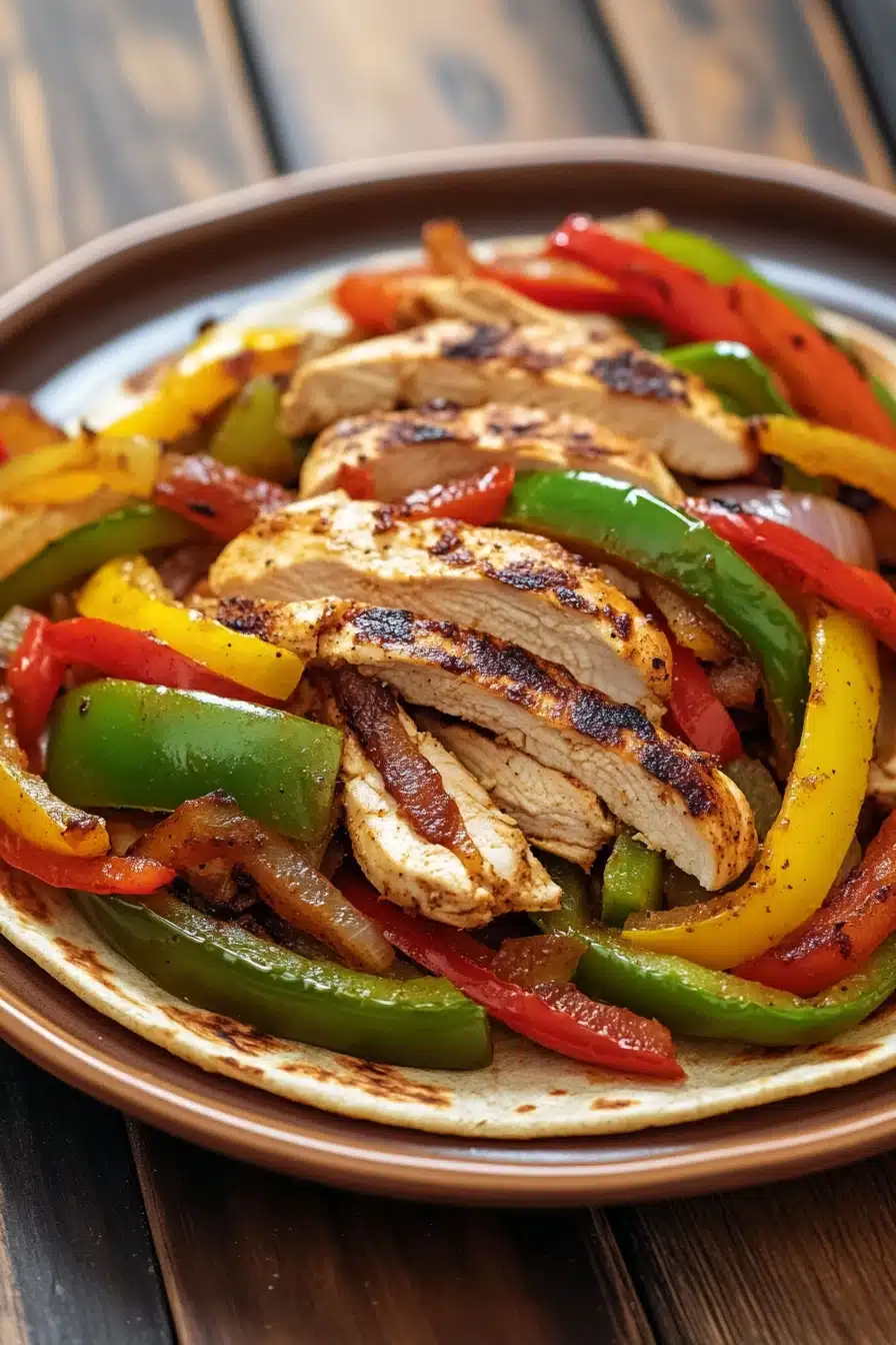Close-up of low calorie chicken fajita with vibrant peppers and onions