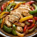 Close-up of a low calorie chicken fajita with vibrant vegetables and grilled chicken strips.