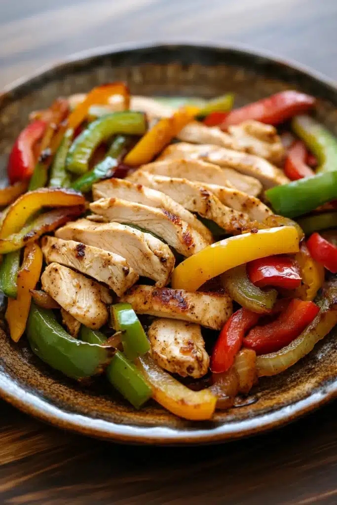 Close-up of a low calorie chicken fajita with vibrant vegetables and grilled chicken strips.
