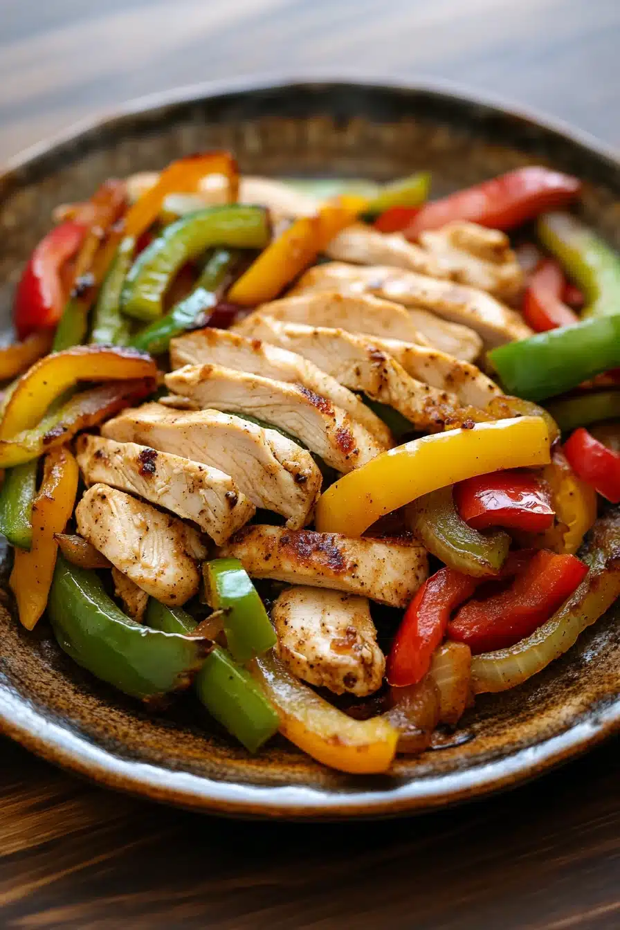 Close-up of a low calorie chicken fajita with vibrant vegetables and grilled chicken strips.