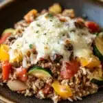 Close-up of a make ahead dinner with ground turkey, garnished with herbs and served in a white bowl.