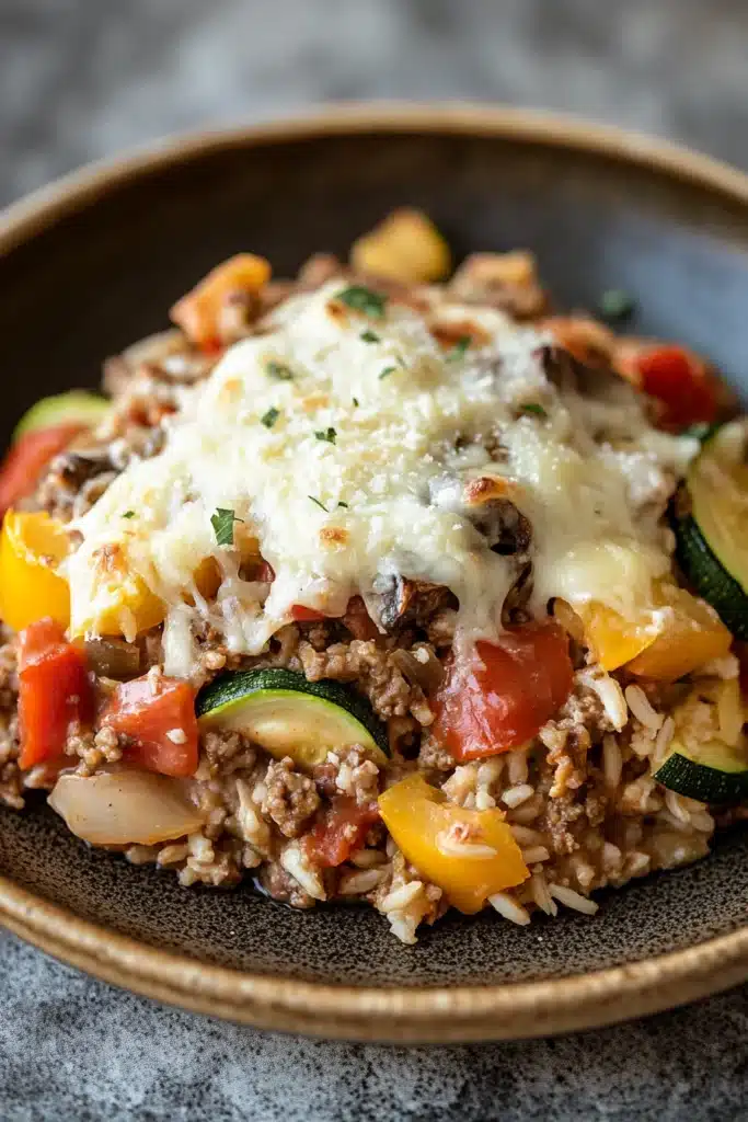 Close-up of a make ahead dinner with ground turkey, garnished with herbs and served in a white bowl.
