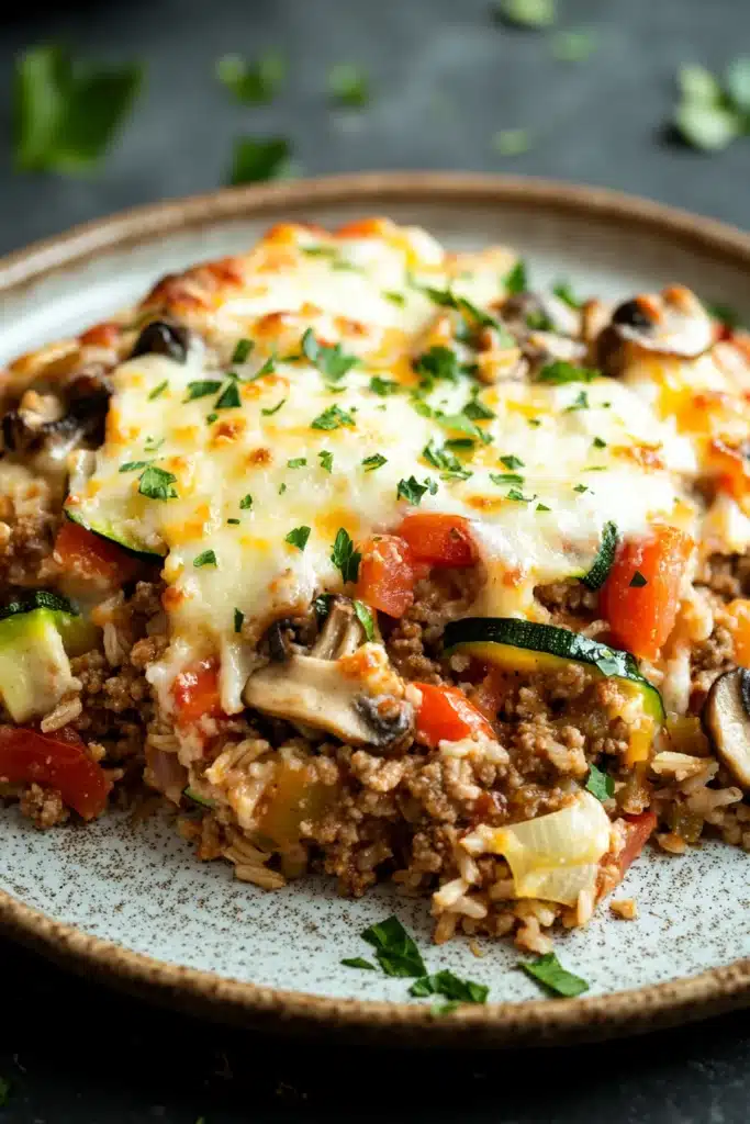 Close-up of a make ahead dinner with ground turkey and vegetables in a bright setting