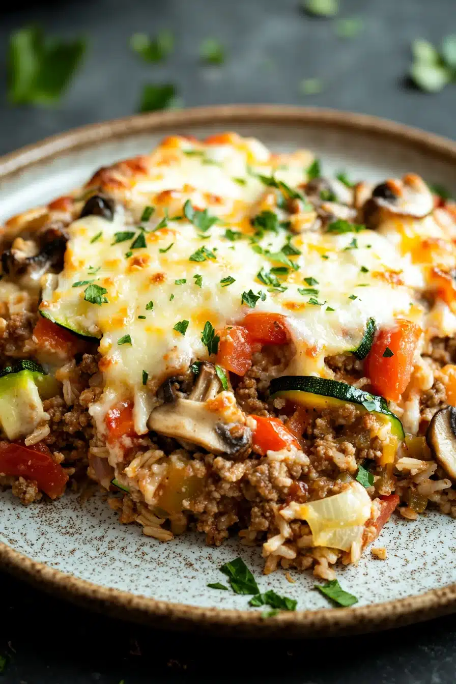 Close-up of a make ahead dinner with ground turkey and vegetables in a bright setting