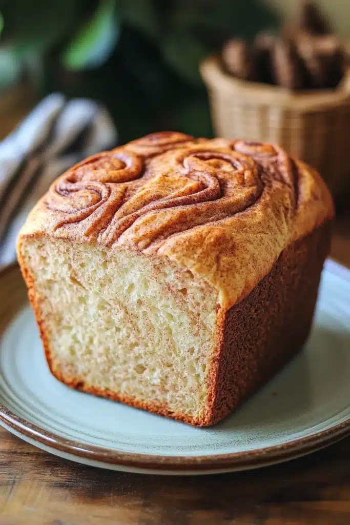 Close-up of no-knead bread with cinnamon swirls on a clean background.