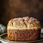 Close-up of a no knead cinnamon bread with a golden crust and visible cinnamon swirls.