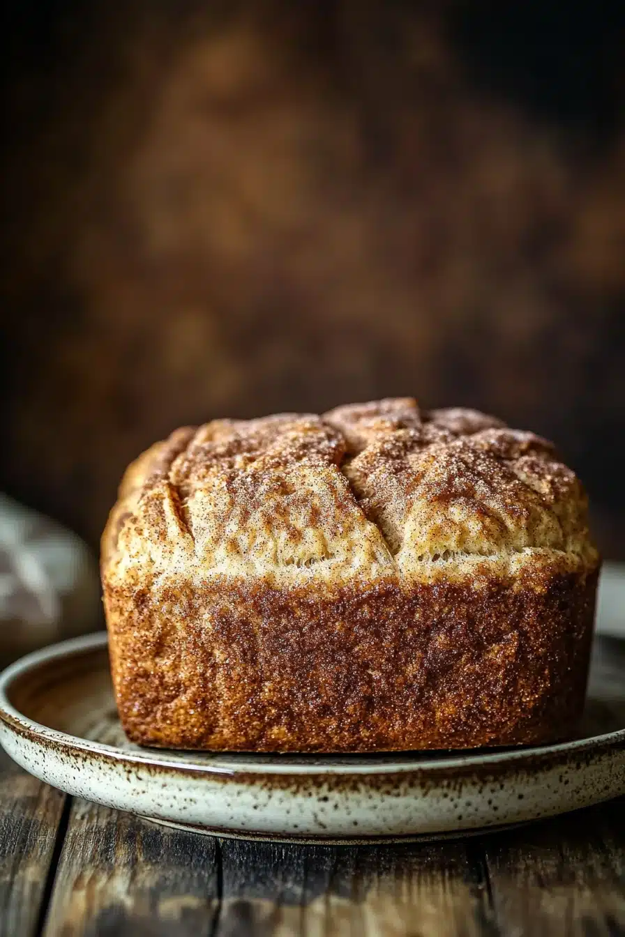 Close-up of a no knead cinnamon bread with a golden crust and visible cinnamon swirls.