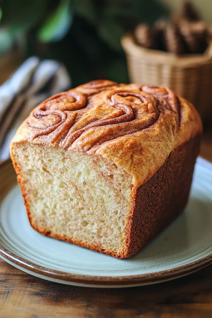 Close-up of no-knead bread with cinnamon swirls on a clean background.