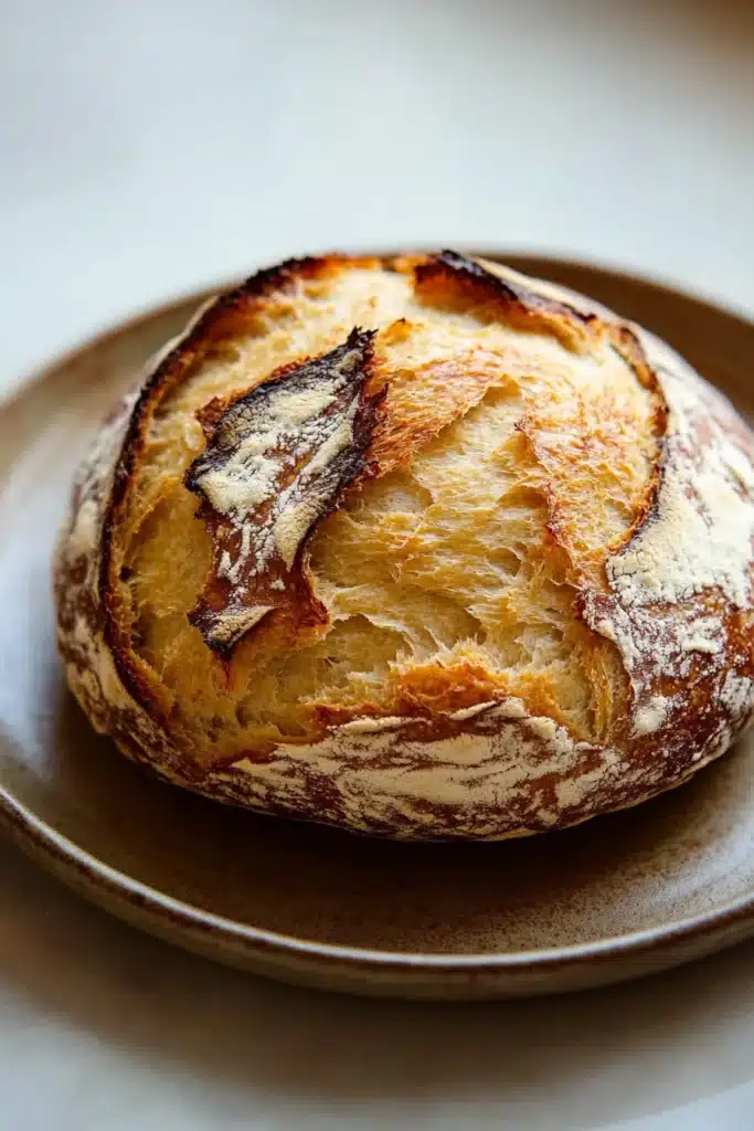 Close-up of freshly baked no knead bread with a golden crust on a wooden board.