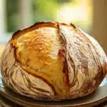 Close-up of golden crust no knead bread with a rustic texture.