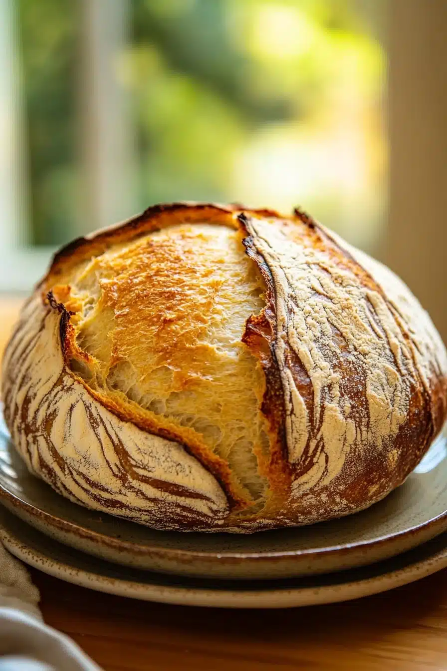 Close-up of golden crust no knead bread with a rustic texture.