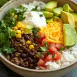Close-up of a one pot beef burrito bowl with vibrant ingredients and a clean background