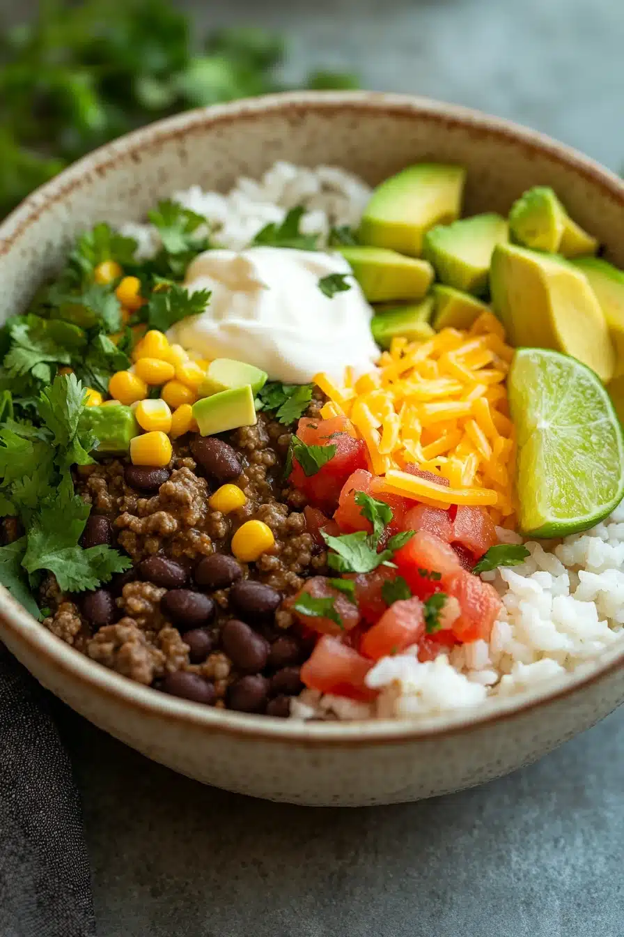 Close-up of a one pot beef burrito bowl with vibrant ingredients and a clean background