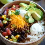 Close-up of a one pot beef burrito bowl with vibrant ingredients and a clean background.