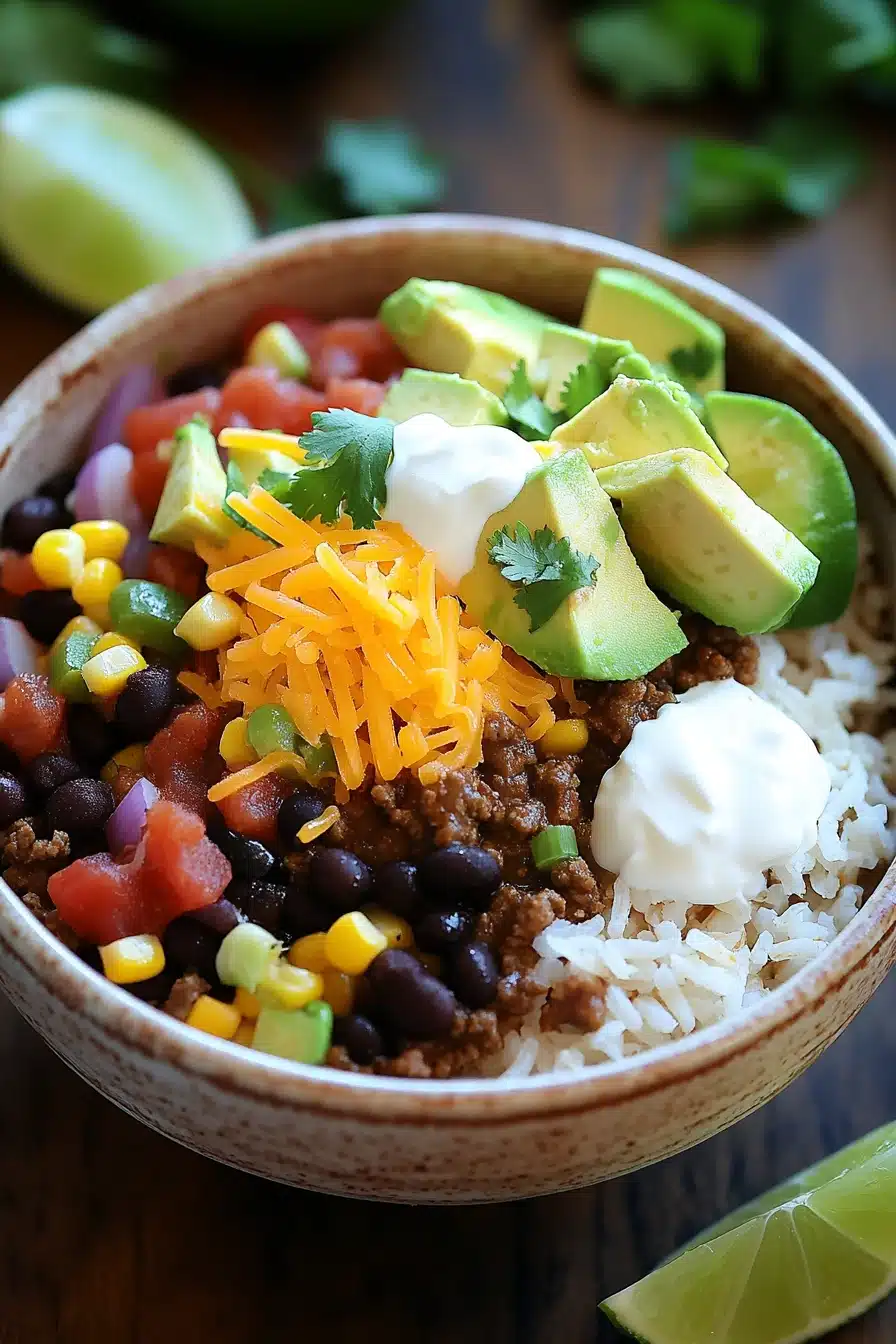 Close-up of a one pot beef burrito bowl with vibrant ingredients and a clean background.